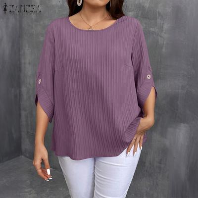 Women Casual Round Neck Loose 3/4 Sleeve Blouse