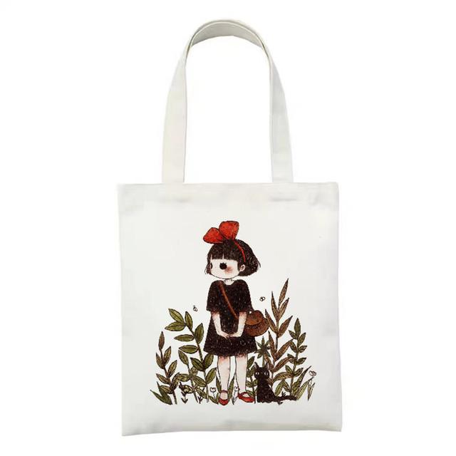 White Ladies Canvas Shopping Bag Eco Female Shoulder Bag Cartoon Graphics Large Handbag Foldable Tote Bag for Women Shopping Bag