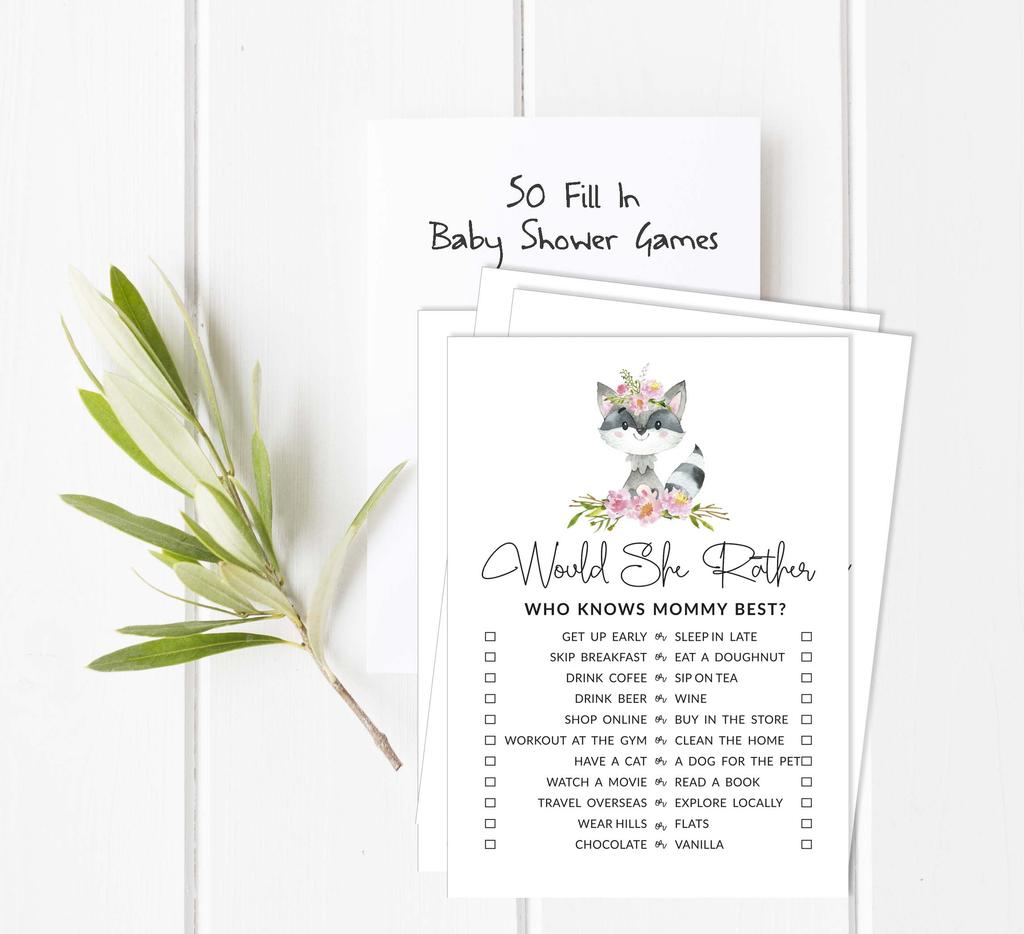 Inkdotpot Floral Raccoon Baby Shower Game Set Of 50 BabyA  AlphabetA  ABCA  Game Gender Neutral Party