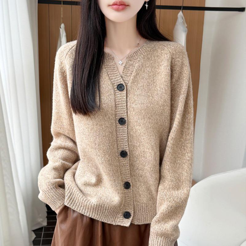 Autumn/Winter Pure Wool Thick V-Neck Long Sleeve Heather Yarn Cardigan Sweater