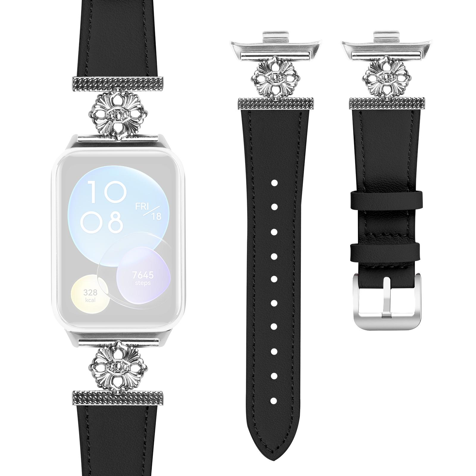 For Xiaomi Redmi Watch 4 Watch Band Genuine Cow Leather Flower Decor Adjustable Strap Black