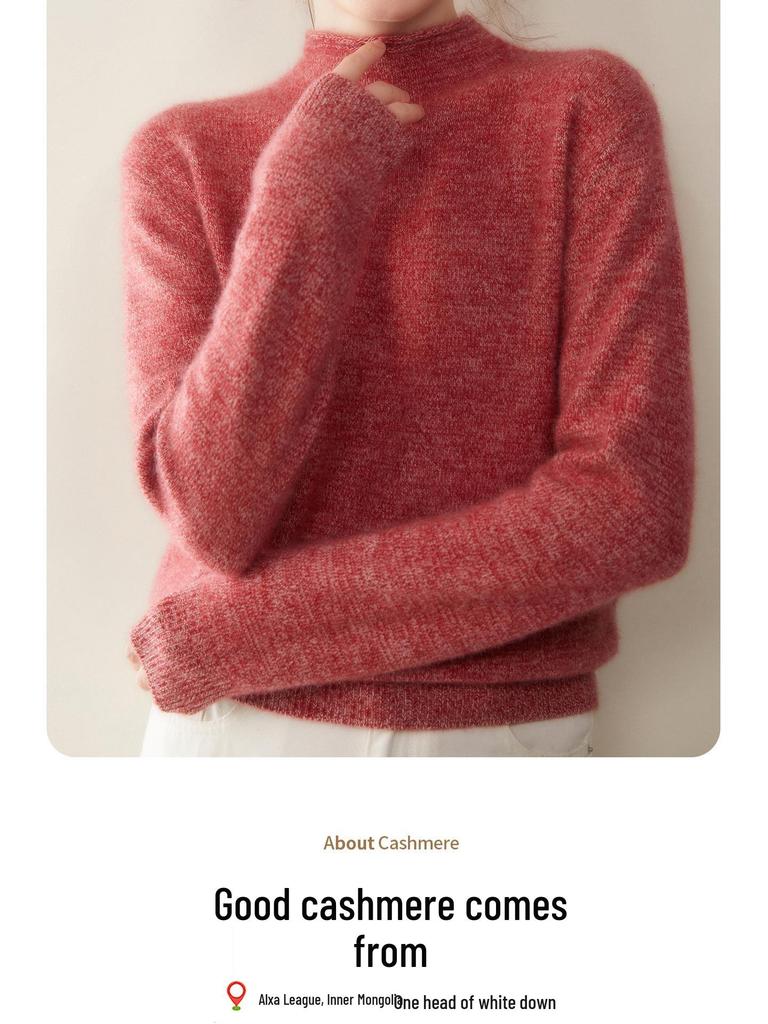 Women's Heathered Cashmere Roll-Neck Sweater - Thickened, Long Sleeve Knit Pullover for Autumn/Winter