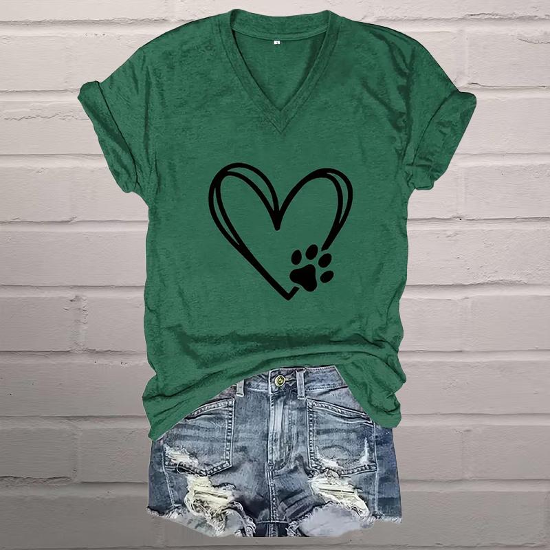 Love Cat Claw Painting Blouses Short Sleeved V-Neck T Shirts Casual