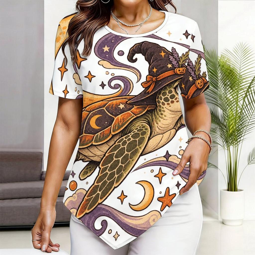 Womens Plus Size Short Sleeve Top Stationery Book Pencil Print Irregular Pointed Hem Summer Casual Blouse