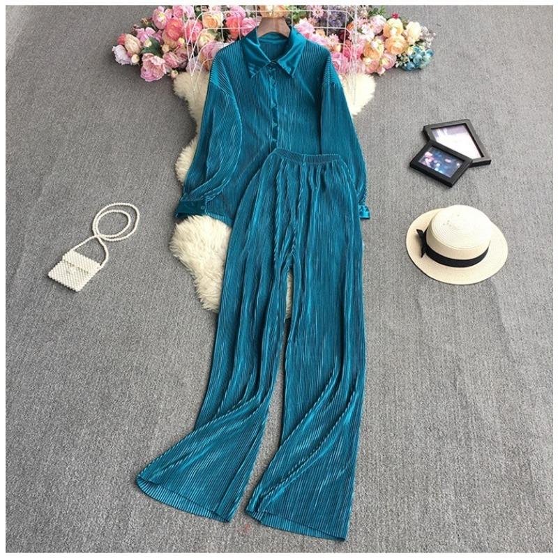 

Женская модная свободная рубашка больших размеров с длинными рукавами и плиссировкой, высокая талия, вертикальные цилиндрические брюки, комплект из двух предметов one size синий/зелёный