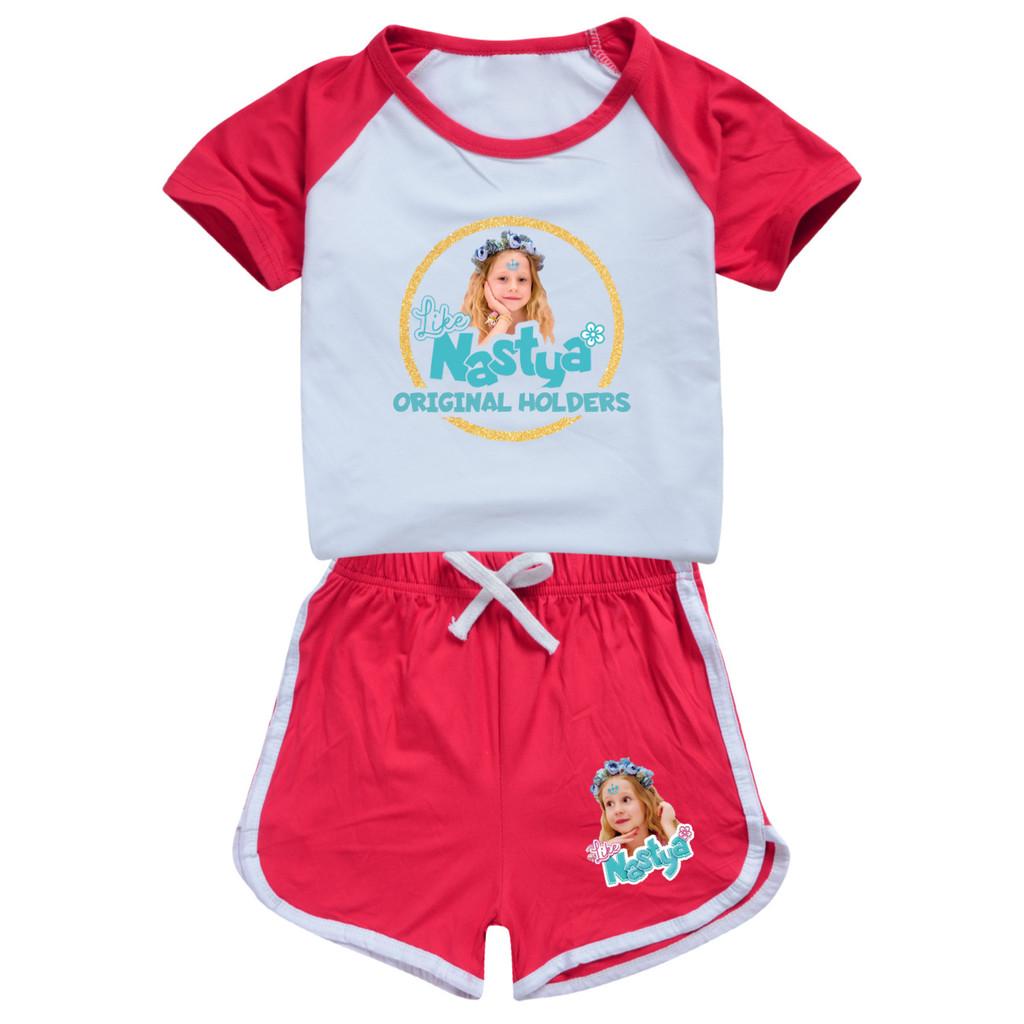 

5555 2pcs/set Kids Girls Nastya Printed Short Sleeves T-shirt Shorts Clothes Set 100cm красный