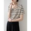 No Price Reduction V-neck Striped Short-sleeved T-shirt Women's Loose Irregular Design Front Shoulder T-shirt Slim Top
