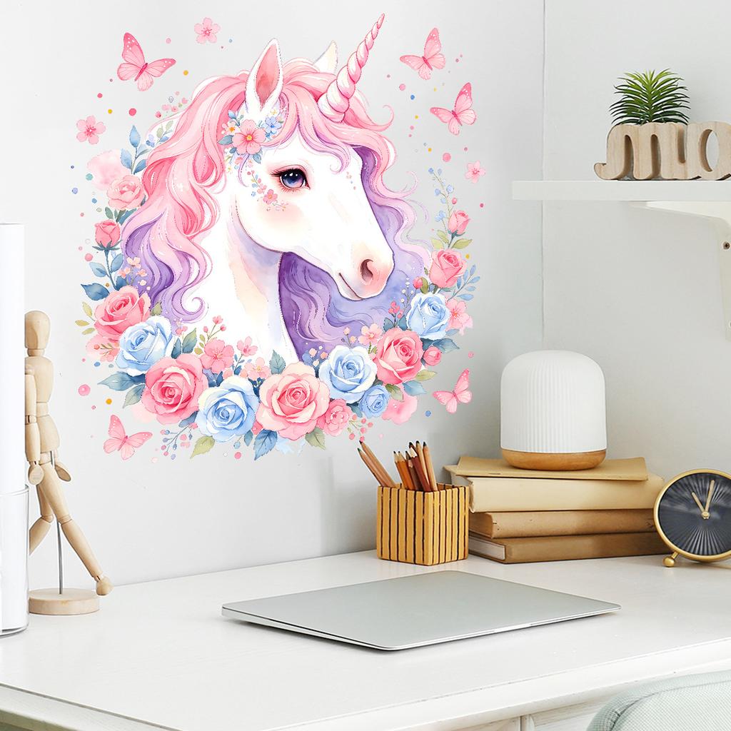 Creative Watercolor Unicorn Self Adhesive Waterproof Oil Proof Wall Sticker for Kitchen Bedroom Home Decor