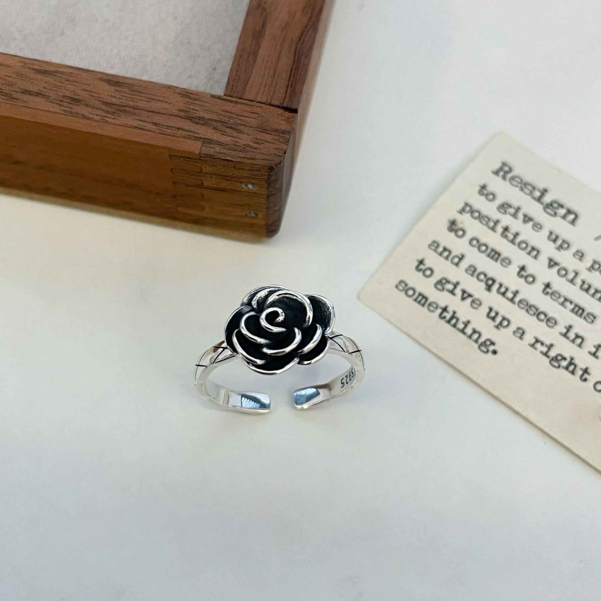 

S925 Sterling Silver 3D Retro Rose Ring for Women - Oxidized Thai Silver Personality Design