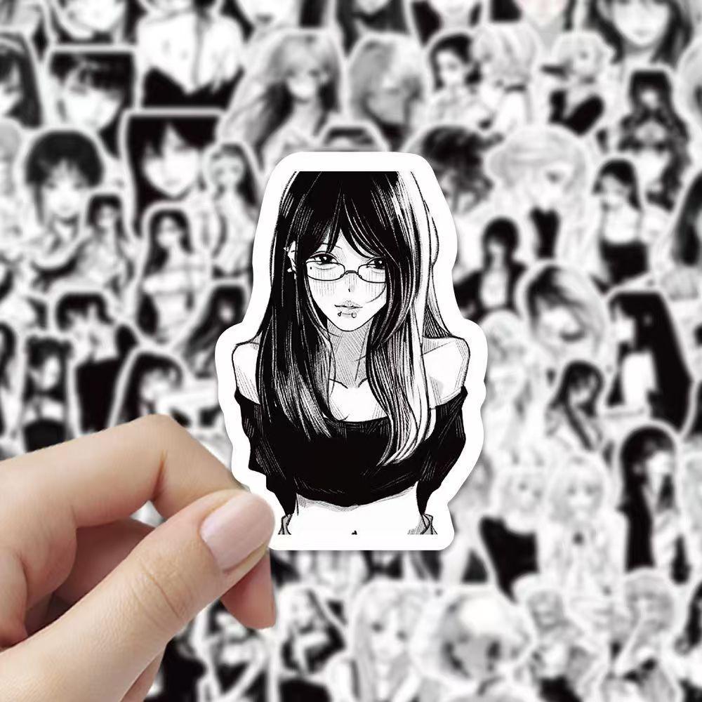 Anime Dívky Černobílé Samolepky, 100 kusů (neopakováno), voděodolný a opalovací krém.