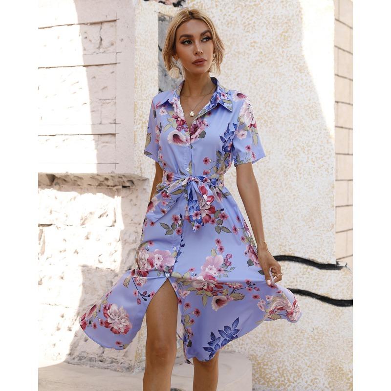 Summer Short Sleeve Women Floral Printed Shirt Dress Single-breasted Loose Casual Office Holiday Lace-up A-line Party Dresses Elegant Fashion Clothng