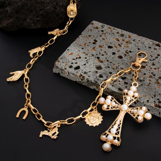 Pants Chain Faux Pearls Metal Flower Decor Wallet Chain Multi-layered