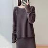 Autumn/Winter Pure Wool Knit Two-Piece Set: Round Neck Long Sleeve Top & Mid-Length Hollow Crochet Skirt