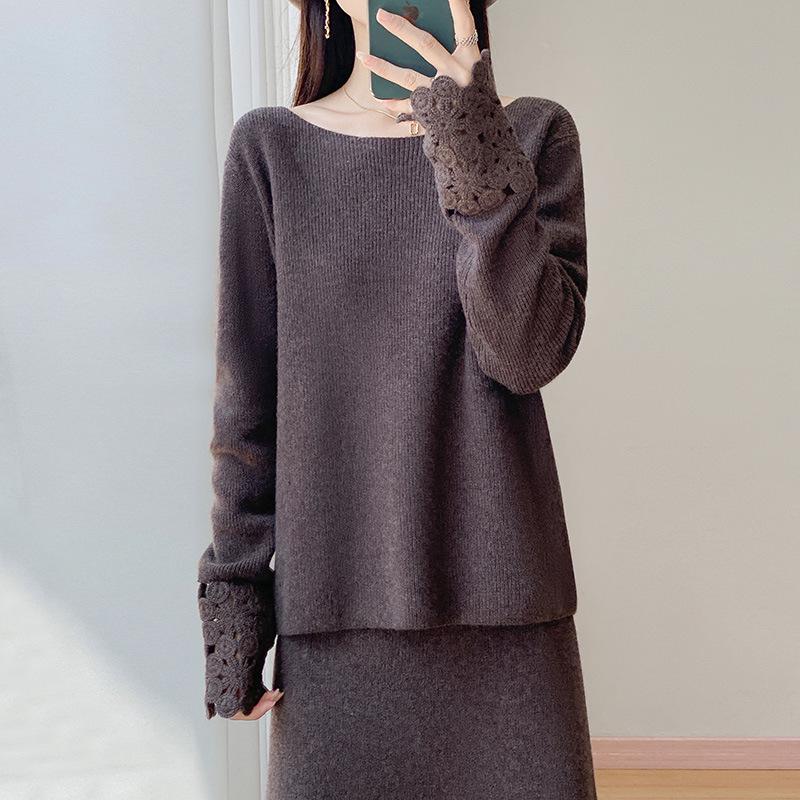 Autumn/Winter Pure Wool Knit Two-Piece Set: Round Neck Long Sleeve Top & Mid-Length Hollow Crochet Skirt