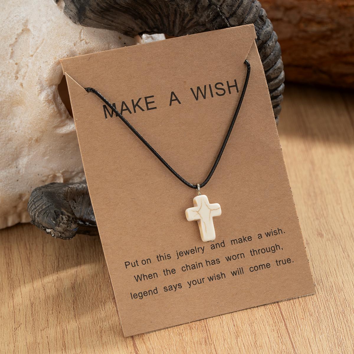 Vintage Turquoise Cross Pendant Woven Blessing Card Necklace