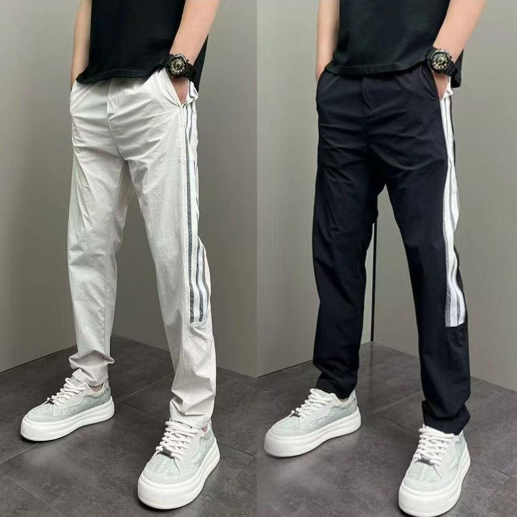 Quick-drying pants men's summer thin American sports style striped casual pants versatile loose drawstring straight trousers