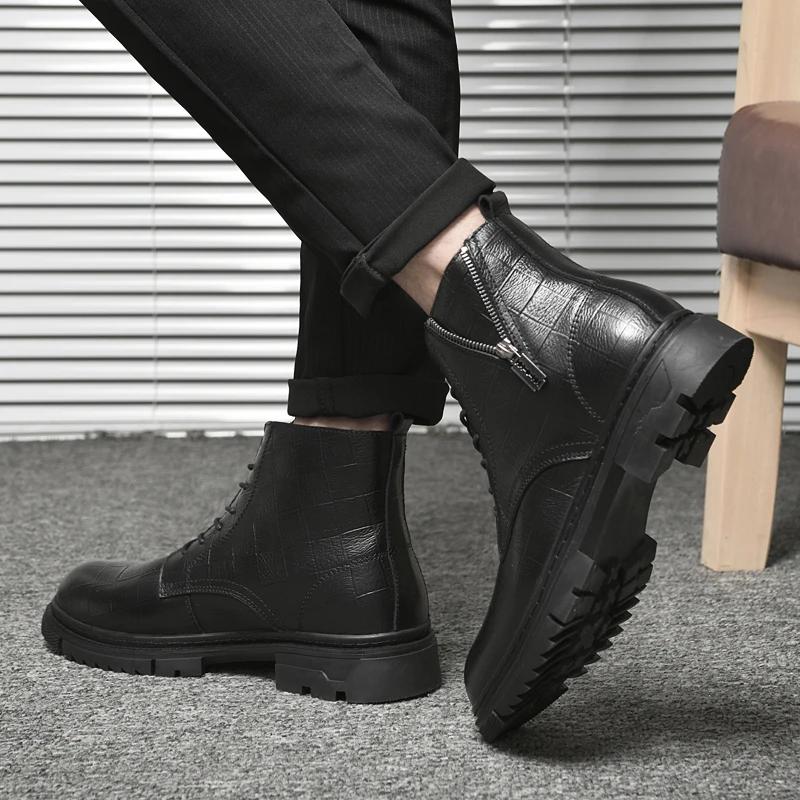 Boots for Mens Fashion Leather Shoes Luxury Brand Ankle Genuine Leather Business Boots Lace-Up Male Thick Soled Shoes High-end