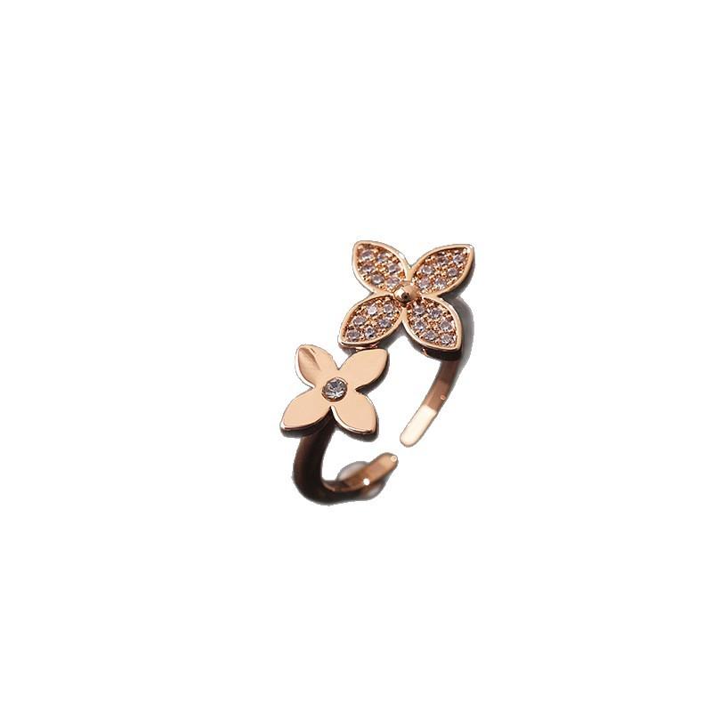 Doppelblumenring mit Diamanten, Roségold, leichter Luxus, windbeständig, farbecht, kupfervergoldet.