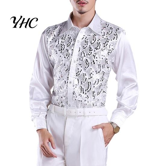 Sequin Embellished Men Shirt Luxury Sequins Performance Lapel Long Sleeve Single-Breasted Lightweight Wedding Stage Slim Fit Formal Casual Tops