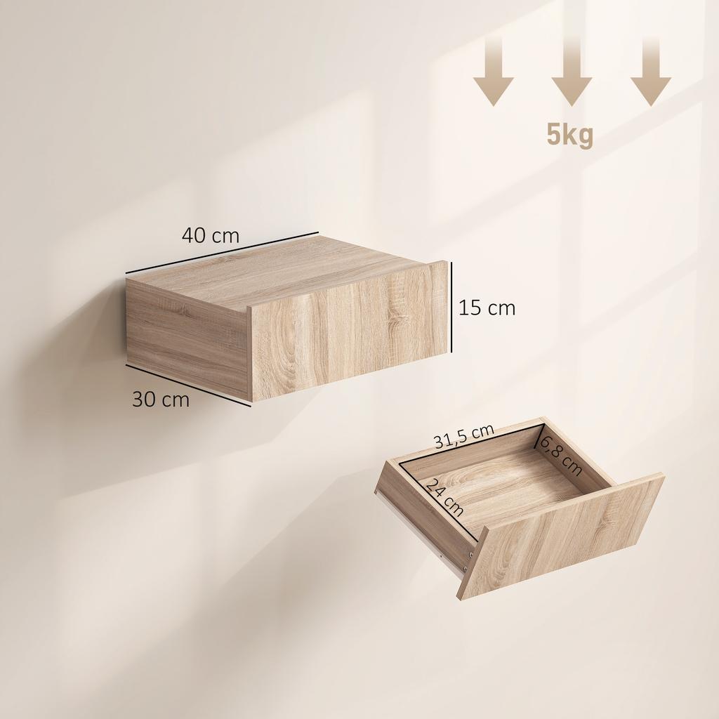 Set of 2 Wall-Mounted Nightstands, Sliding Drawer, 40x30x15 cm, Oak