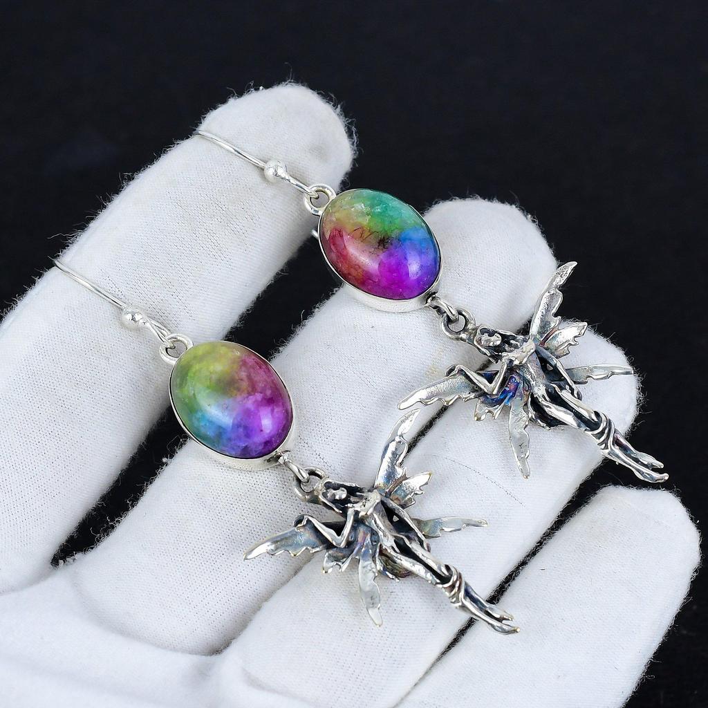 Natural Rainbow Solar Quartz Gemstone Antique Earrings 925 Sterling Silver Earring, Boho Silver Jewelry Dangle Earrings, Gifts For Birthday Gifts