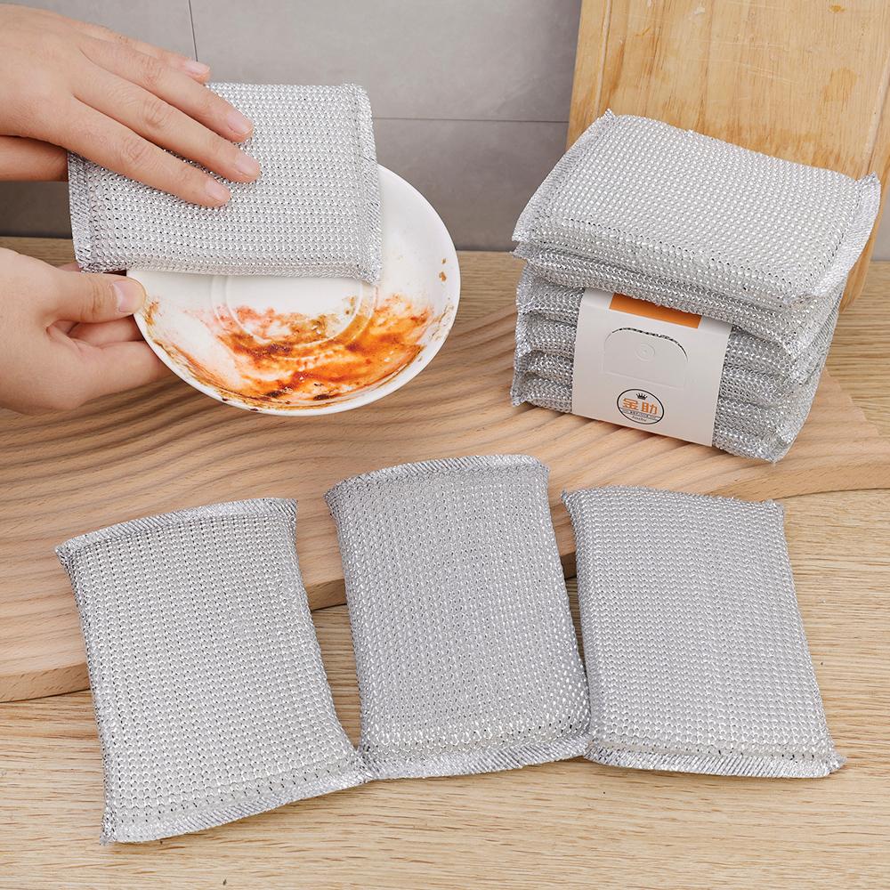 12/4Pcs Double Sided Dishwashing Sponge Silver Wire Cleaning Rags Wipe Pan Pot Dish Wash Thickened Scouring Cloth Kitchen Tools
