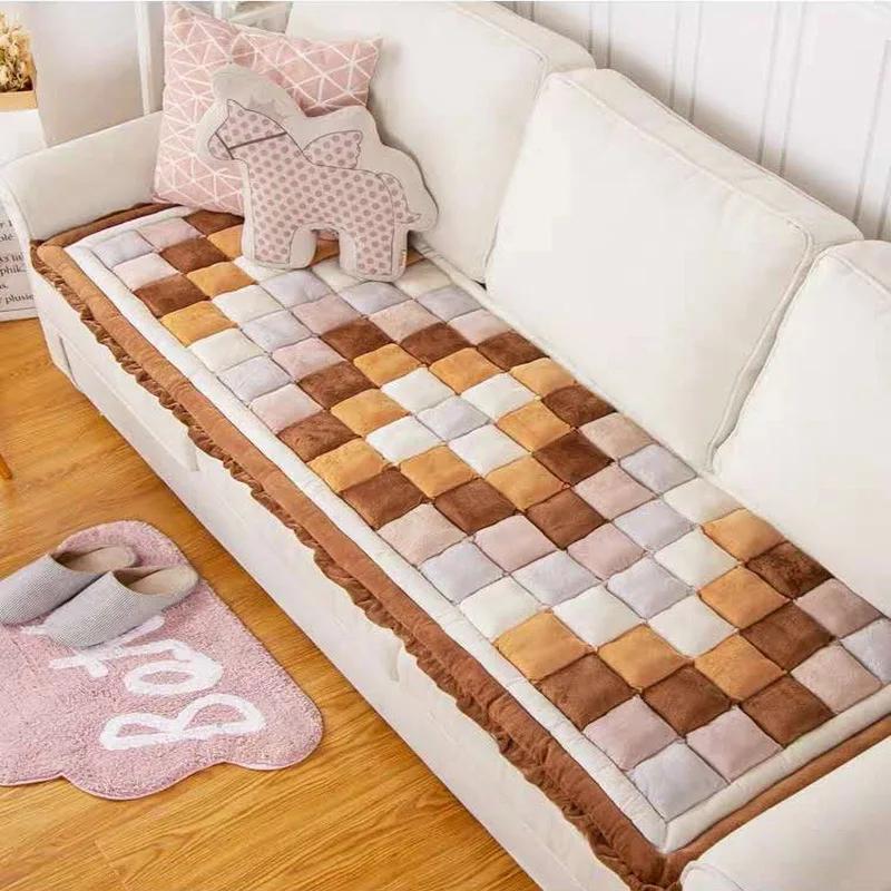 All-season Universal Plush Anti Slip Sofa Mat Color Blocking Checkered Sofa Cushion Bedroom Tatami Mat Children's Crawling Mat