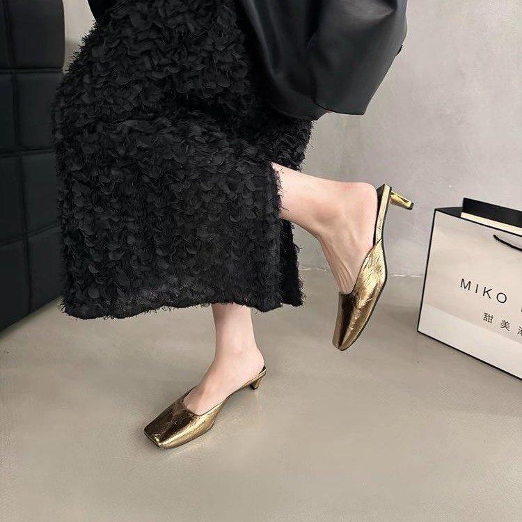

French square toe temperament, silver toe, half slipper, shoes for women, 2025 new spring and summer evening low-heeled shoes 40
