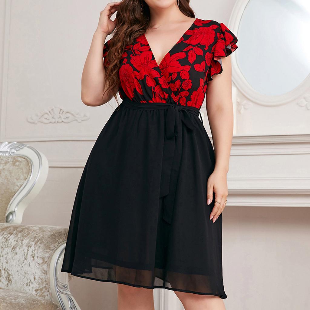 Women's Big Size Fashion Casual Loose Splicing Printed V-Neck Dresses