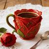 Water Cup Rose Flower Design Mug with Scalloped Rim Green Stem Handle Coffee Tea Hot Cocoa Cup Drinkware