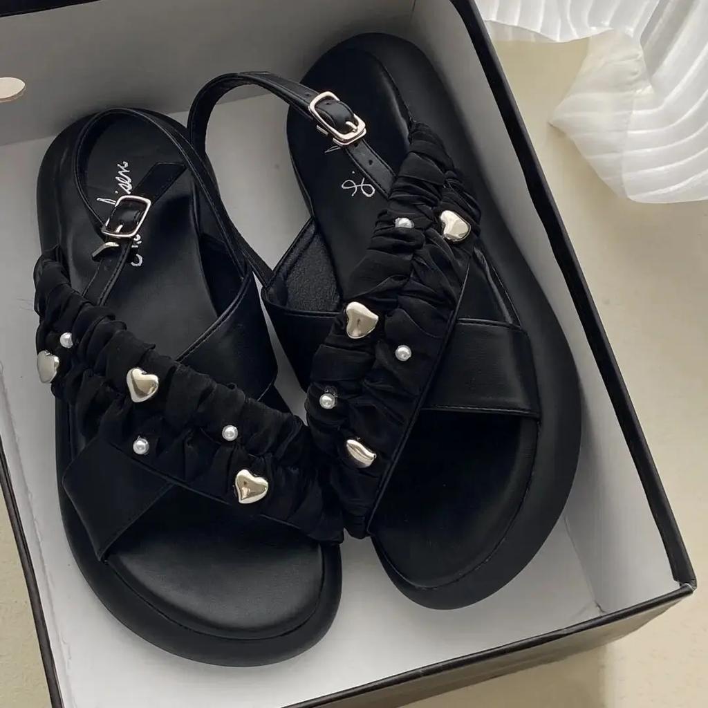 Mode Sommer 2024 Römischer Stil Damenschuhe Schuhwerk mit niedrigen Absätzen Flache Gummi Open Toe Keine Absatz Sandalen für Damen Verkauf Täglich Korea H F