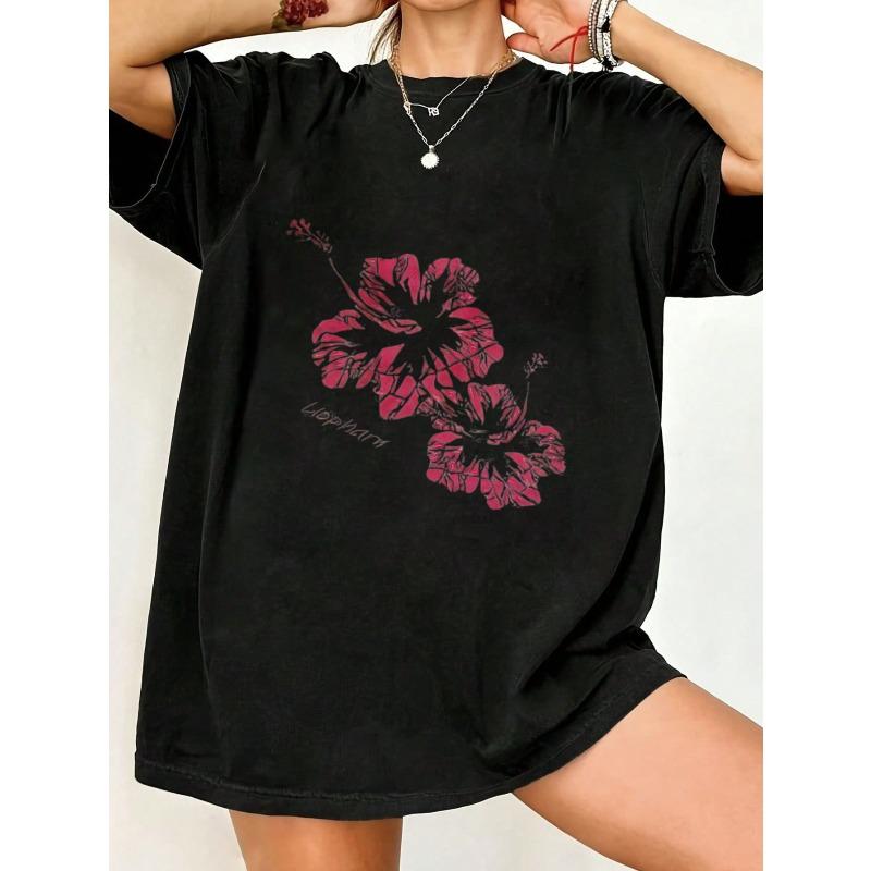 

Black Oversized T Shirt With Pink Hibiscus Flower Print And Text For Casual Wear XXXXL чёрный