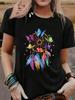 Butterfly Print Casual T-shirt, Polyester Blend Crew Neck Short Sleeve Tee for Women, Regular Fit, All Season, 180g/m² Knit Fabric