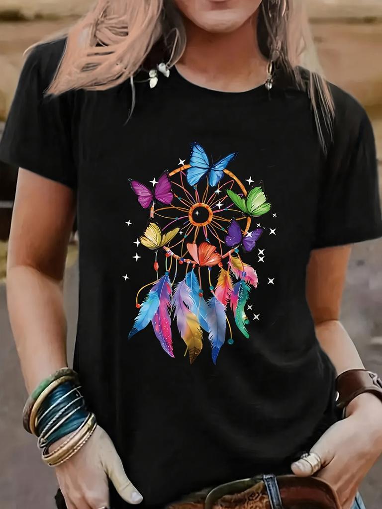 Butterfly Print Casual T-shirt, Polyester Blend Crew Neck Short Sleeve Tee for Women, Regular Fit, All Season, 180g/m² Knit Fabric