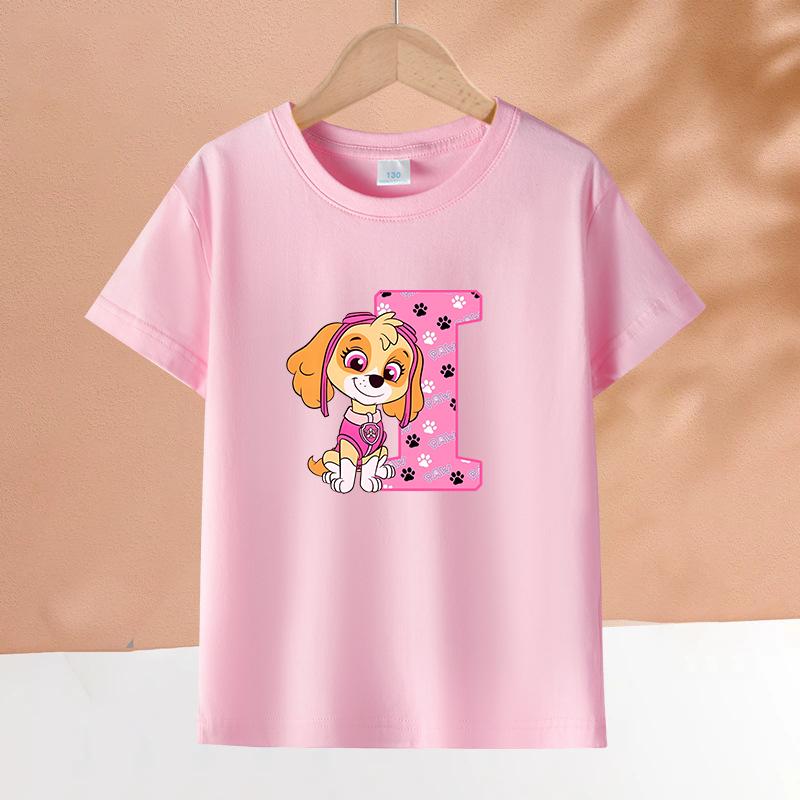 PAW Patrol Çocuk Pembe Kısa Kollu Tişört Kızlar Skye Polyester Üstler Çizgi Film 26 Harf Baskılı Sweatshirt Çocuk Doğum Günü Hediyeleri
