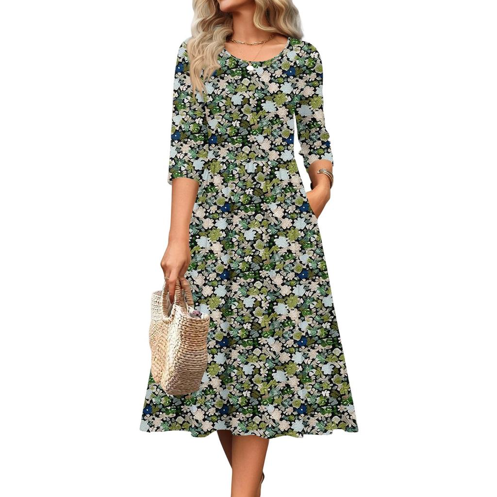 3/4 Sleeve Women's Dress Casual Flowy A-Line Midi Tshirt Dresses With Pockets Crewneck Vocation Boho Beach Sundress