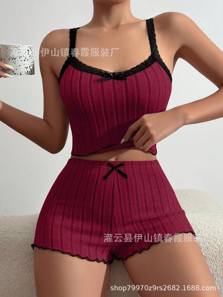 Large size pajamas women's sexy lace edge short-sleeved suspender shorts polished pit strip loungewear