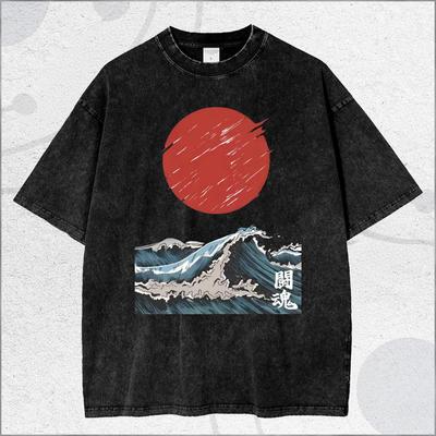 T-shirt Vintage Lavata Onda Giapponese Sole, T-shirt Arte Oceano Sole Rosso, Maglietta Unisex Stile Ukiyo Minimo