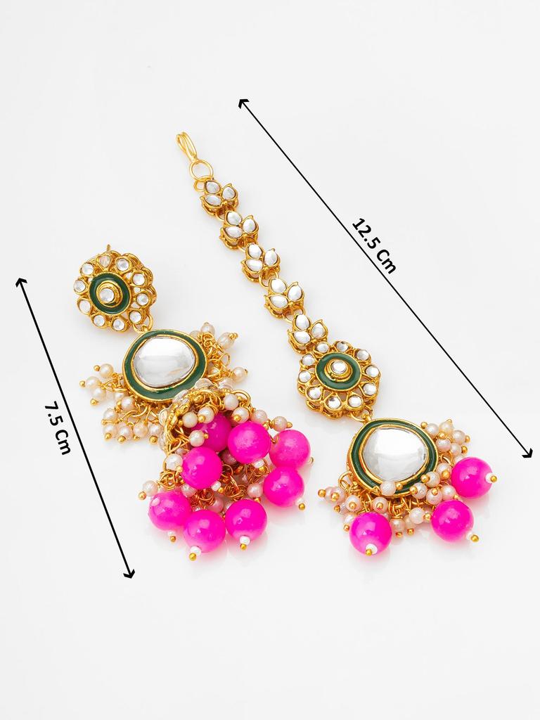 Gold-Plated Pink & White Stone-Studded & Beaded Handcrafted Jewellery Set