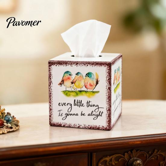 Durable Waterproof Tissue Container Iron Art Square Box, Bee And Bird Watercolor Print Farmhouse Style Paper Napkin Case Holder, Pastoral Decorative