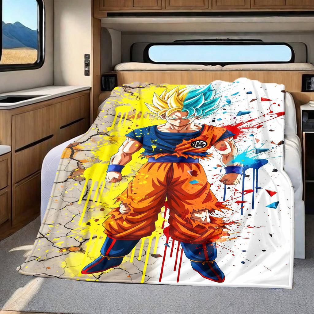 1 szt. Koc flanelowy z nadrukiem Son Goku, Wysokiej jakości, Na wszystkie pory roku, Wystrój domu, Ciepło i komfort, Idealny na prezenty świąteczne