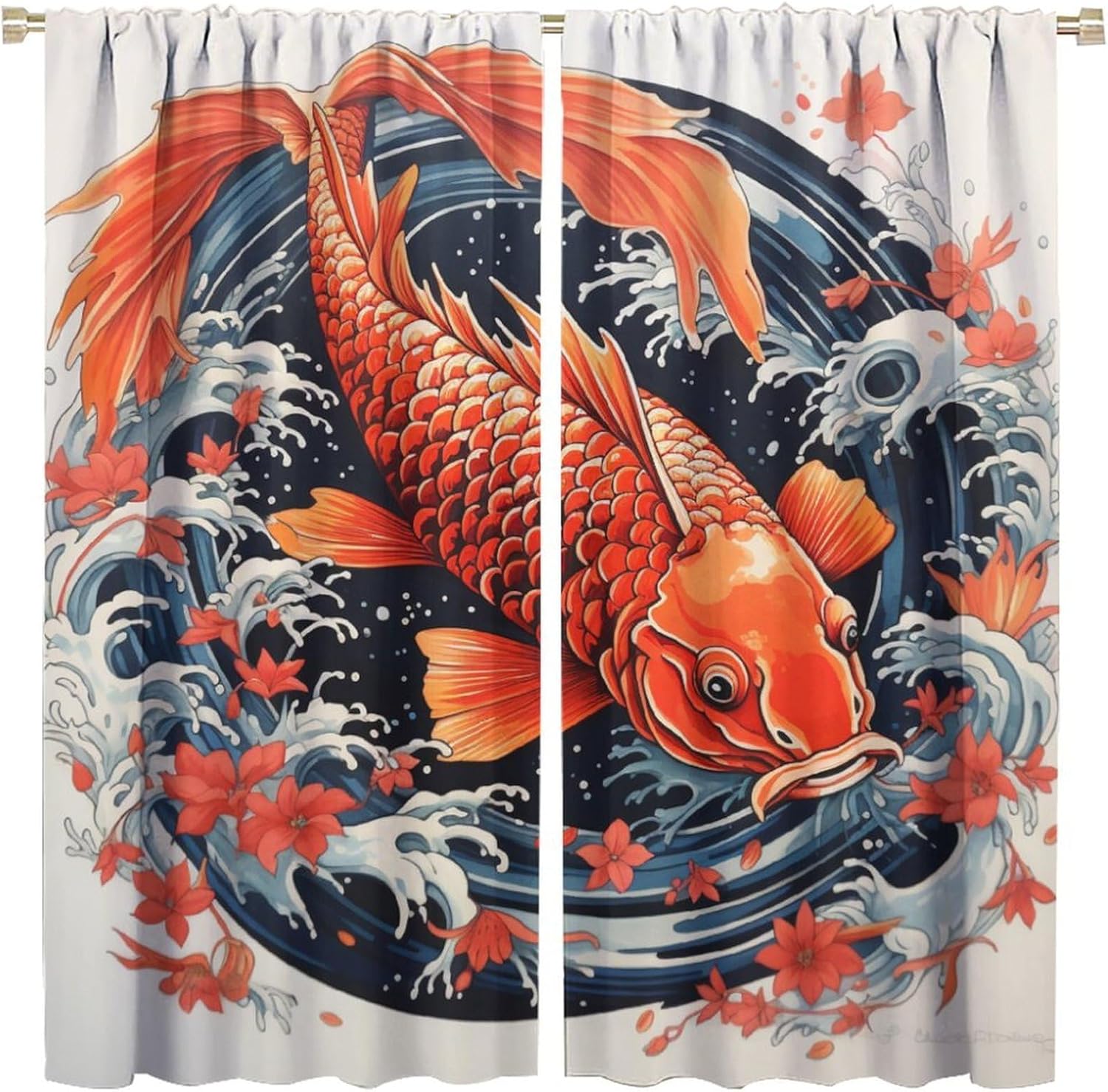 

Japanese Koi Fish Curtain Big Wave Outline Asian Style Flower Art Carp Room Dark Door Window Made Of Polyester With Pole Pocket Washable W100*H70(CM)-Rod Pocket&2PCS