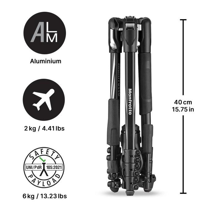 Manfrotto befree Advance 3-Way Live Travel Tripod Kit MH01HY-3W Head, 13.2 lb Capacity, 59.4" Height, with Carrying Bag, Black