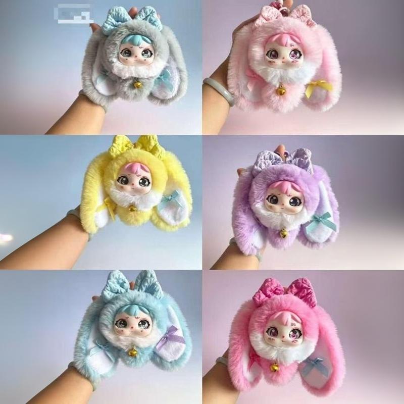 Soft Fluffy Long Eared Bunny Plush Toy Kawaii Face Bow Bell Perfect For Kids Gift Collection Desktop Decor