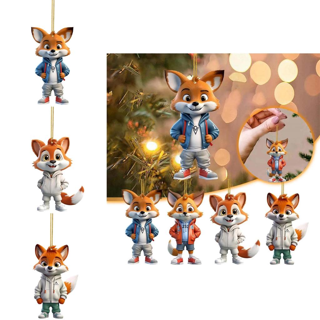 Adorable Cartoon Fox Acrylic Flat Christmas Tree Ornament For Car Interior Decoration