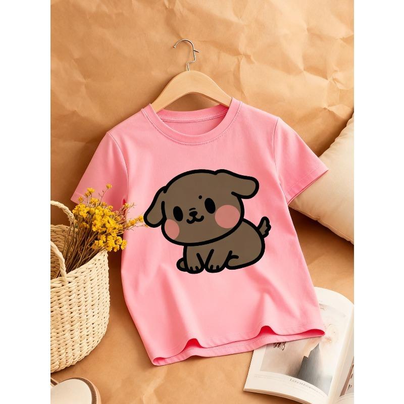 European sizes Brown Puppy Soft Cute Print Girls' Round Neck T-Shirt Casual Style Healing Top Ideal for Pet Lovers