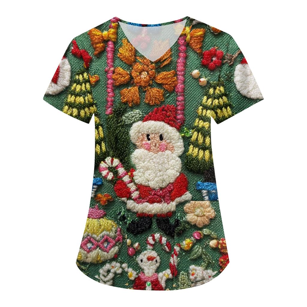 Women's Fashion V-Neck Short Sleeve Overalls With Pockets Christmas Printed Tops  Clothes