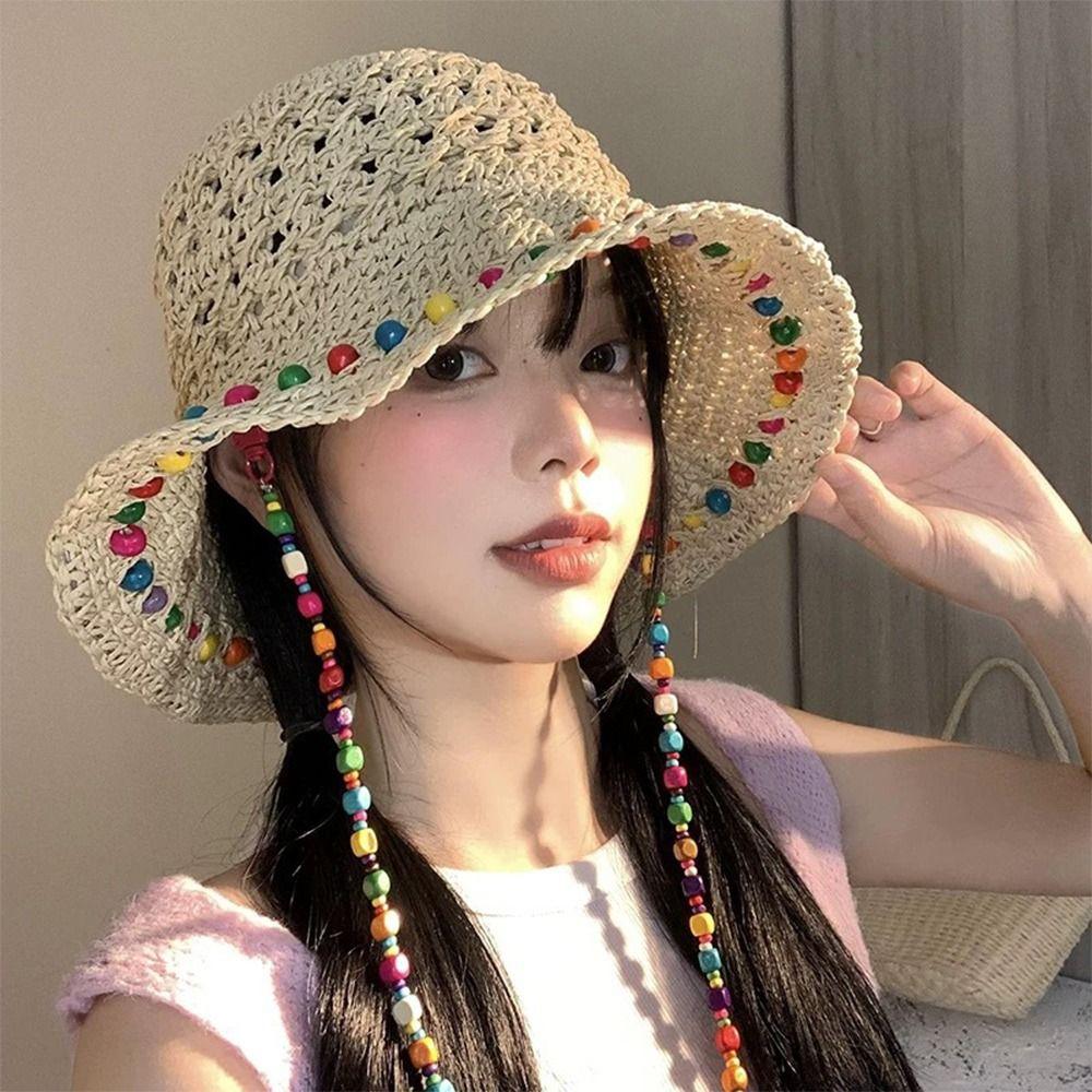 Foldable Straw Hat Color Wood Beads Sunshade Hat New Sun Cap