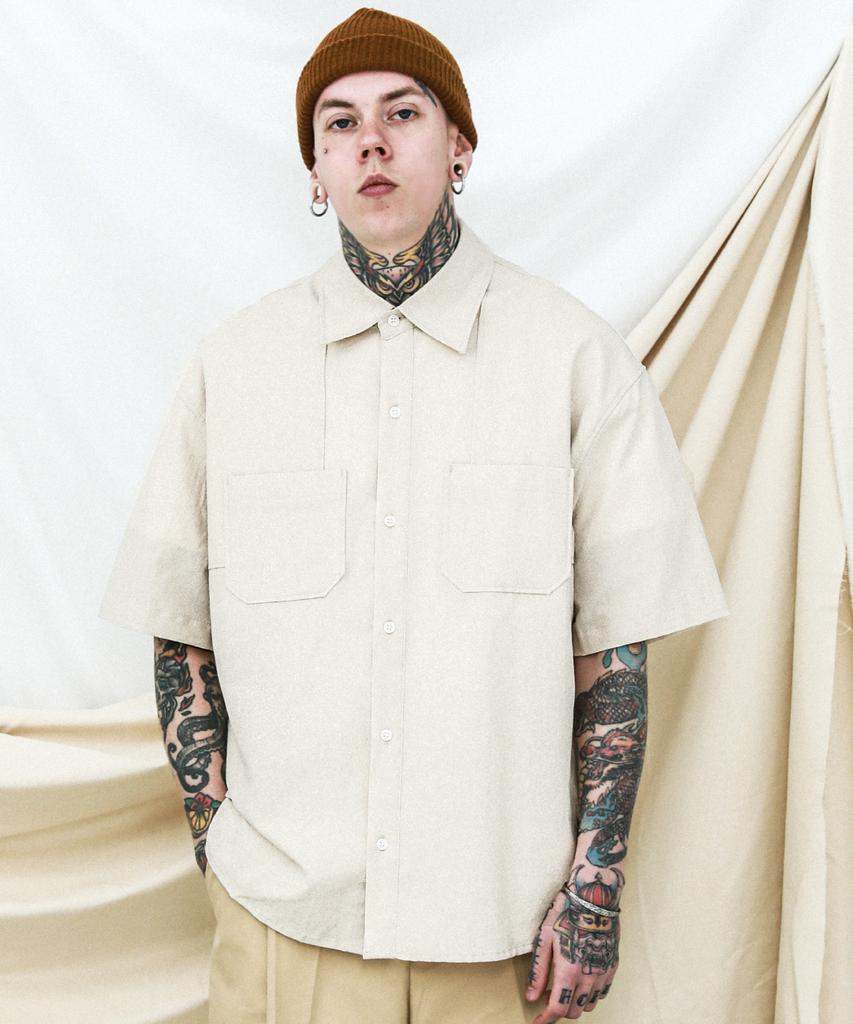 STAGE NAME Vintage Washed Cotton Double Shoulder Short Sleeve Shirt_L Beige
