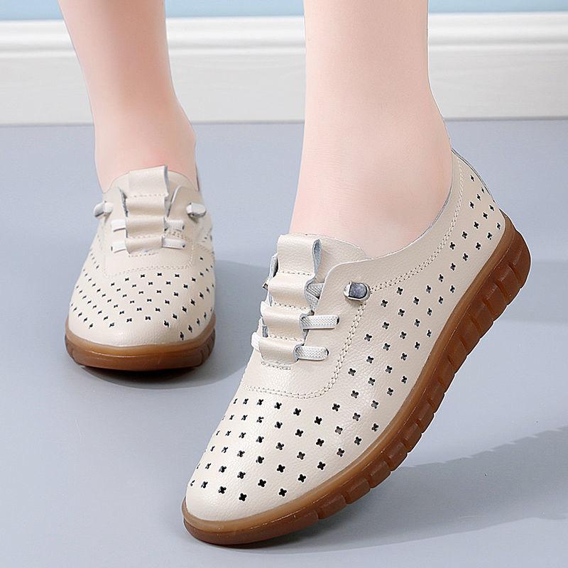 BrandNew SpringSeason and HotSeason DailyWear Flat FootPairs for Women BigSize Hollow Hole Lady FootPairs Genuine Leather White FootPairs for Women